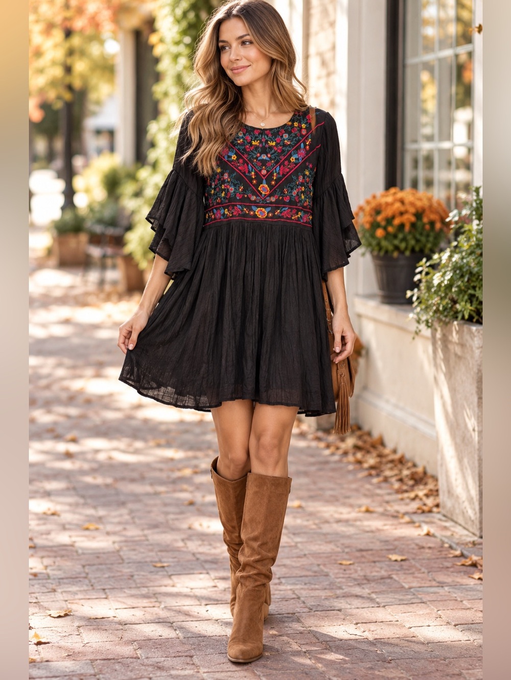 Umgee Floral Embroidered Mini Dress in Black Size Small